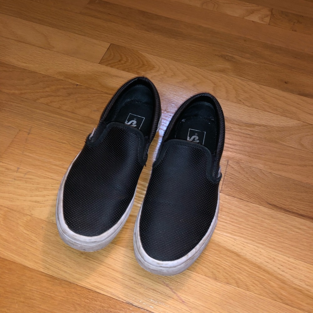 Black leather perforated slip on vans